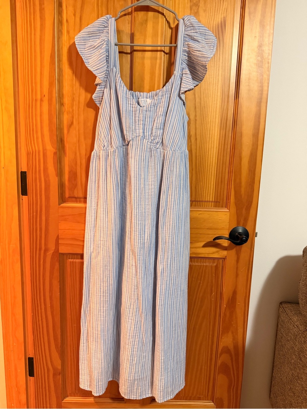 Time and Tru Blue and White Stripe Maxi Dress with Flutter Sleeves